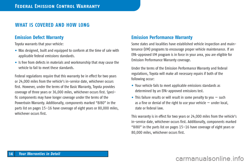 TOYOTA CAMRY 2003 XV30 / 7.G Warranty And Maintenance Guide Emission Defect Warranty
Toyota warrants that your vehicle:
•Was designed, built and equipped to conform at the time of sale with
applicable federal emissions standards.
•Is free from defects in m