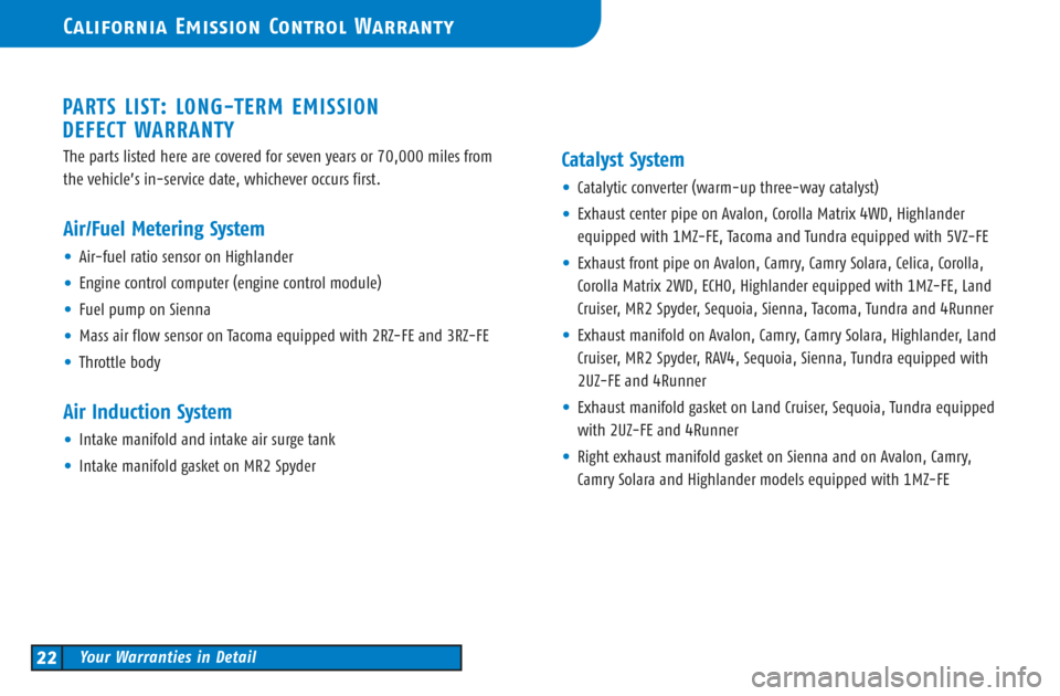 TOYOTA CAMRY 2003 XV30 / 7.G Warranty And Maintenance Guide The parts listed here are covered for seven years or 70,000 miles from
the vehicle’s in-service date, whichever occurs first.
Air/Fuel Metering System
•Air-fuel ratio sensor on Highlander
•Engin TOYOTA CAMRY 2003 XV30 / 7.G Warranty And Maintenance Guide The parts listed here are covered for seven years or 70,000 miles from
the vehicle’s in-service date, whichever occurs first.
Air/Fuel Metering System
•Air-fuel ratio sensor on Highlander
•Engin