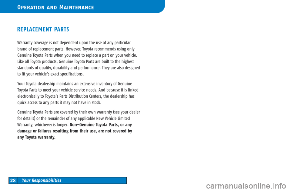 TOYOTA CAMRY 2003 XV30 / 7.G Warranty And Maintenance Guide Warranty coverage is not dependent upon the use of any particular
brand of replacement parts. However, Toyota recommends using only
Genuine Toyota Parts when you need to replace a part on your vehicle