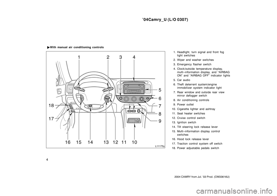 TOYOTA CAMRY 2004 XV30 / 7.G User Guide ’04Camry_U (L/O 0307)
4
2004 CAMRY from Jul. ’03 Prod. (OM33616U)
1. Headlight, turn signal and front foglight switches
2. Wiper and washer switches
3. Emergency flasher switch
4. Clock/outside te