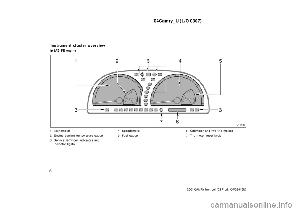 TOYOTA CAMRY 2004 XV30 / 7.G User Guide ’04Camry_U (L/O 0307)
6
2004 CAMRY from Jul. ’03 Prod. (OM33616U)
1. Tachometer
2. Engine coolant temperature gauge
3. Service reminder indicators andindicator lights 4. Speedometer
5. Fuel gauge
