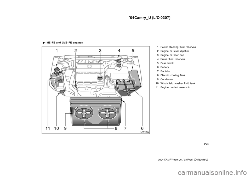 TOYOTA CAMRY 2004 XV30 / 7.G Owners Manual ’04Camry_U (L/O 0307)
275
2004 CAMRY from Jul. ’03 Prod. (OM33616U)
1. Power steering fluid reservoir
2. Engine oil level dipstick
3. Engine oil filler  cap
4. Brake fluid reservoir
5. Fuse block
