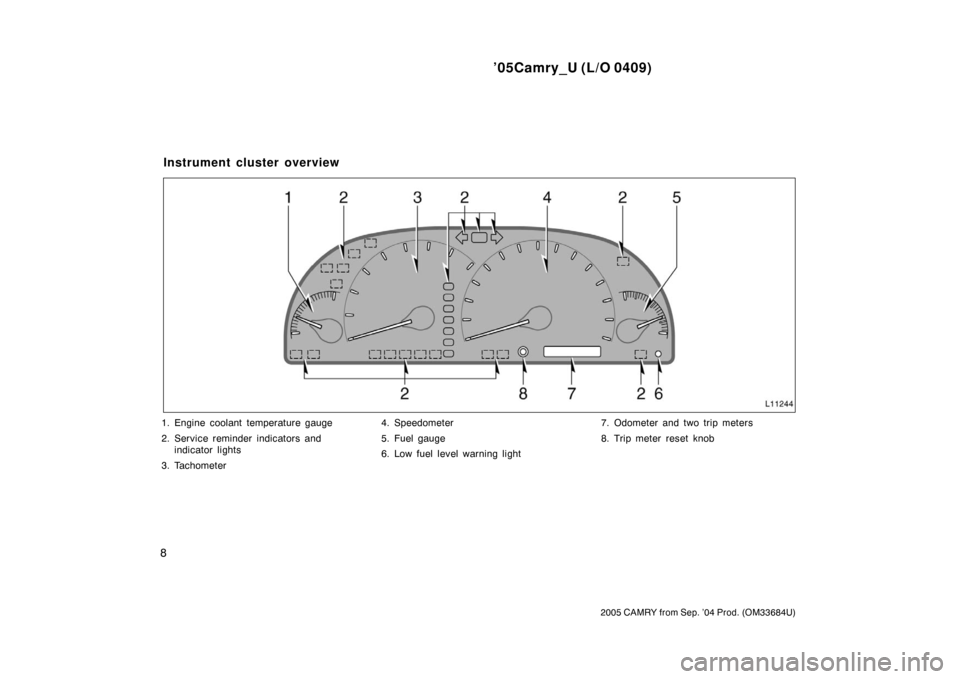 TOYOTA CAMRY 2005 XV30 / 7.G Owners Manual ’05Camry_U (L/O 0409)
8
2005 CAMRY from Sep. ’04 Prod. (OM33684U)
1. Engine coolant temperature gauge
2. Service reminder indicators andindicator lights
3. Tachometer 4. Speedometer
5. Fuel gauge
