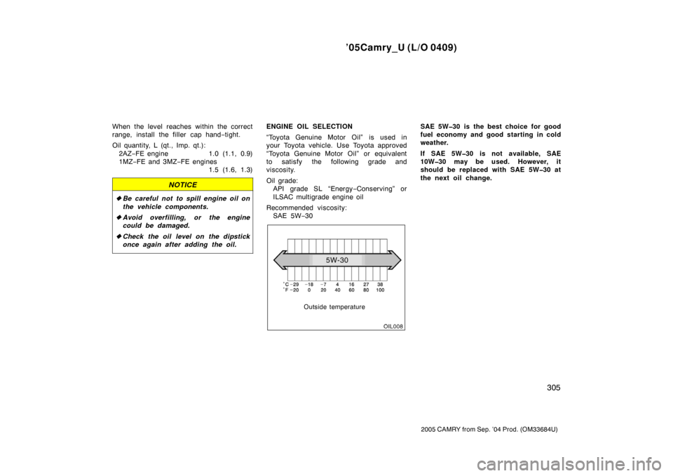 TOYOTA CAMRY 2005 XV30 / 7.G Owners Manual ’05Camry_U (L/O 0409)
305
2005 CAMRY from Sep. ’04 Prod. (OM33684U)
When the level reaches within the correct
range, install the filler cap hand−tight.
Oil quantity, L (qt., Imp. qt.): 2AZ− FE