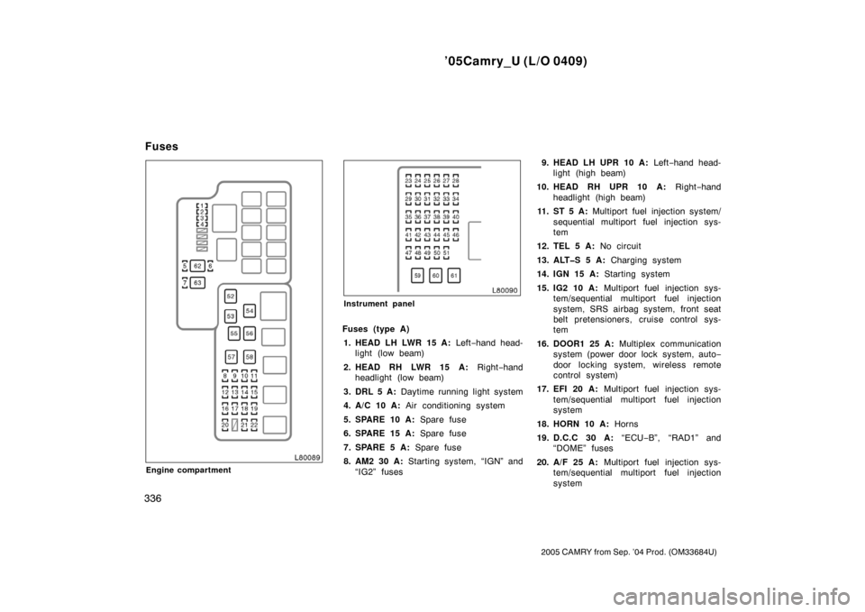 TOYOTA CAMRY 2005 XV30 / 7.G Owners Manual ’05Camry_U (L/O 0409)
336
2005 CAMRY from Sep. ’04 Prod. (OM33684U)
Engine compartment
Instrument panel
Fuses (type A)1. HEAD LH LWR 15 A:  Left−hand head-
light (low beam)
2. HEAD RH LWR 15 A: 