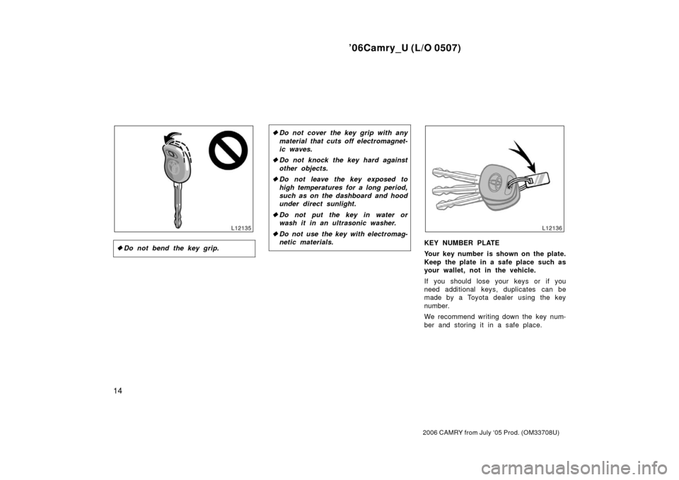 TOYOTA CAMRY 2006 XV40 / 8.G Owners Manual ’06Camry_U (L/O 0507)
14
2006 CAMRY from July ‘05 Prod. (OM33708U)
Do not bend the key grip.
Do not cover the key grip with any
material that cuts off electromagnet-
ic waves.
 Do not knock the