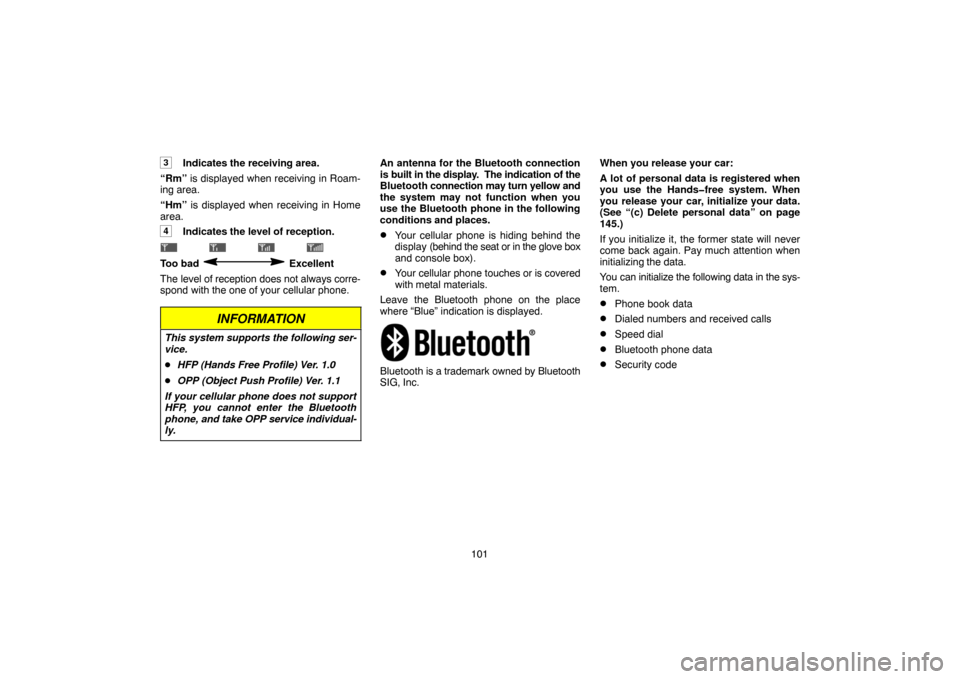 TOYOTA CAMRY 2007 XV40 / 8.G Navigation Manual 101
3Indicates the receiving area.
“Rm” is displayed when receiving in Roam-
ing area.
“Hm” is displayed when receiving in Home
area.
4Indicates the level of reception.
                       