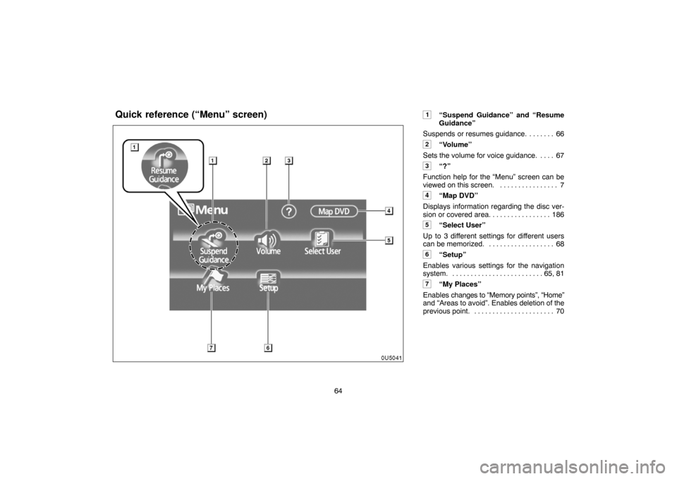 TOYOTA CAMRY 2007 XV40 / 8.G Navigation Manual 64
1“Suspend Guidance” and “Resume
Guidance”
Suspends or resumes guidance. 66. . . . . . . 
2“Volume”
Sets the volume for voice guidance. 67. . . . 
3“?”
Function help for the “Menu