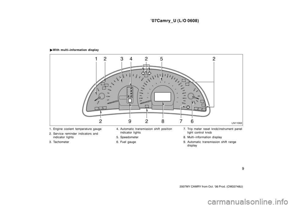 TOYOTA CAMRY 2007 XV40 / 8.G Owners Manual ’07Camry_U (L/O 0608)
9
2007MY CAMRY from Oct. ’06 Prod. (OM33748U)
LN11062
1. Engine coolant temperature gauge
2. Service reminder indicators and
indicator lights
3. Tachometer4. Automatic transm TOYOTA CAMRY 2007 XV40 / 8.G Owners Manual ’07Camry_U (L/O 0608)
9
2007MY CAMRY from Oct. ’06 Prod. (OM33748U)
LN11062
1. Engine coolant temperature gauge
2. Service reminder indicators and
indicator lights
3. Tachometer4. Automatic transm