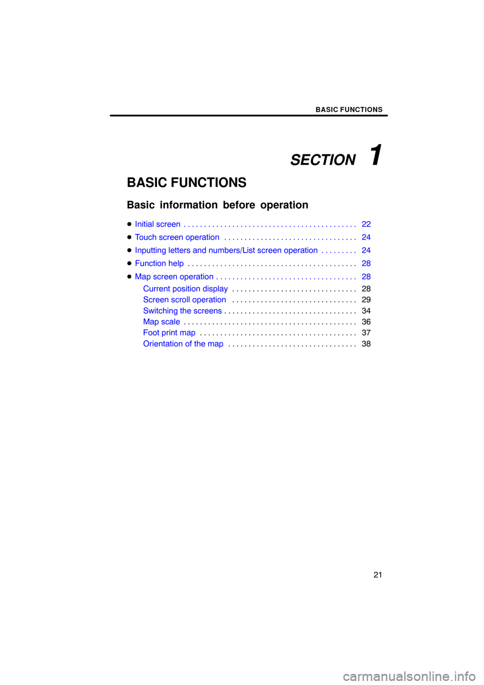 TOYOTA CAMRY 2008 XV40 / 8.G Navigation Manual SECTION   1
BASIC FUNCTIONS
21
BASIC FUNCTIONS
Basic information before operation
Initial screen 22. . . . . . . . . . . . . . . . . . . . . . . . . . . . . . . . . . . . . . . . . . . 
Touch screen