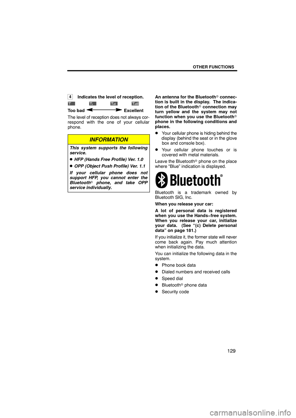 TOYOTA CAMRY 2008 XV40 / 8.G Navigation Manual OTHER FUNCTIONS
129
4Indicates the level of reception.
                                 
Too bad  Excellent
The level of reception does not always cor-
respond with the one of your cellular
phone.
INF