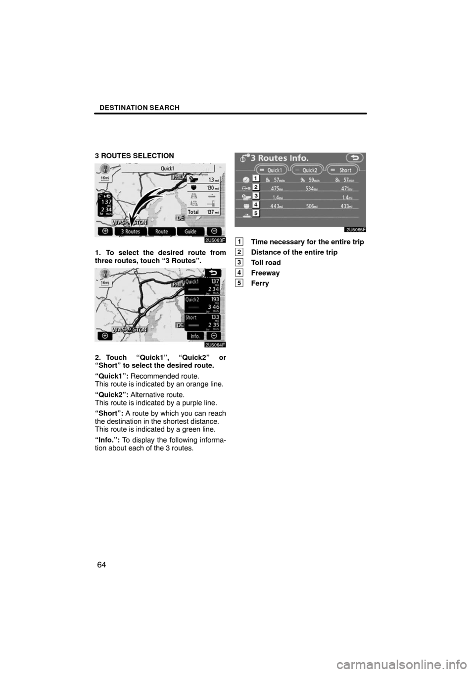 TOYOTA CAMRY 2008 XV40 / 8.G Navigation Manual DESTINATION SEARCH
64
3 ROUTES SELECTION
1. To select the desired route from
three routes, touch “3 Routes”.
2. Touch “Quick1”, “Quick2” or
“Short” to select the desired route.
“Quic