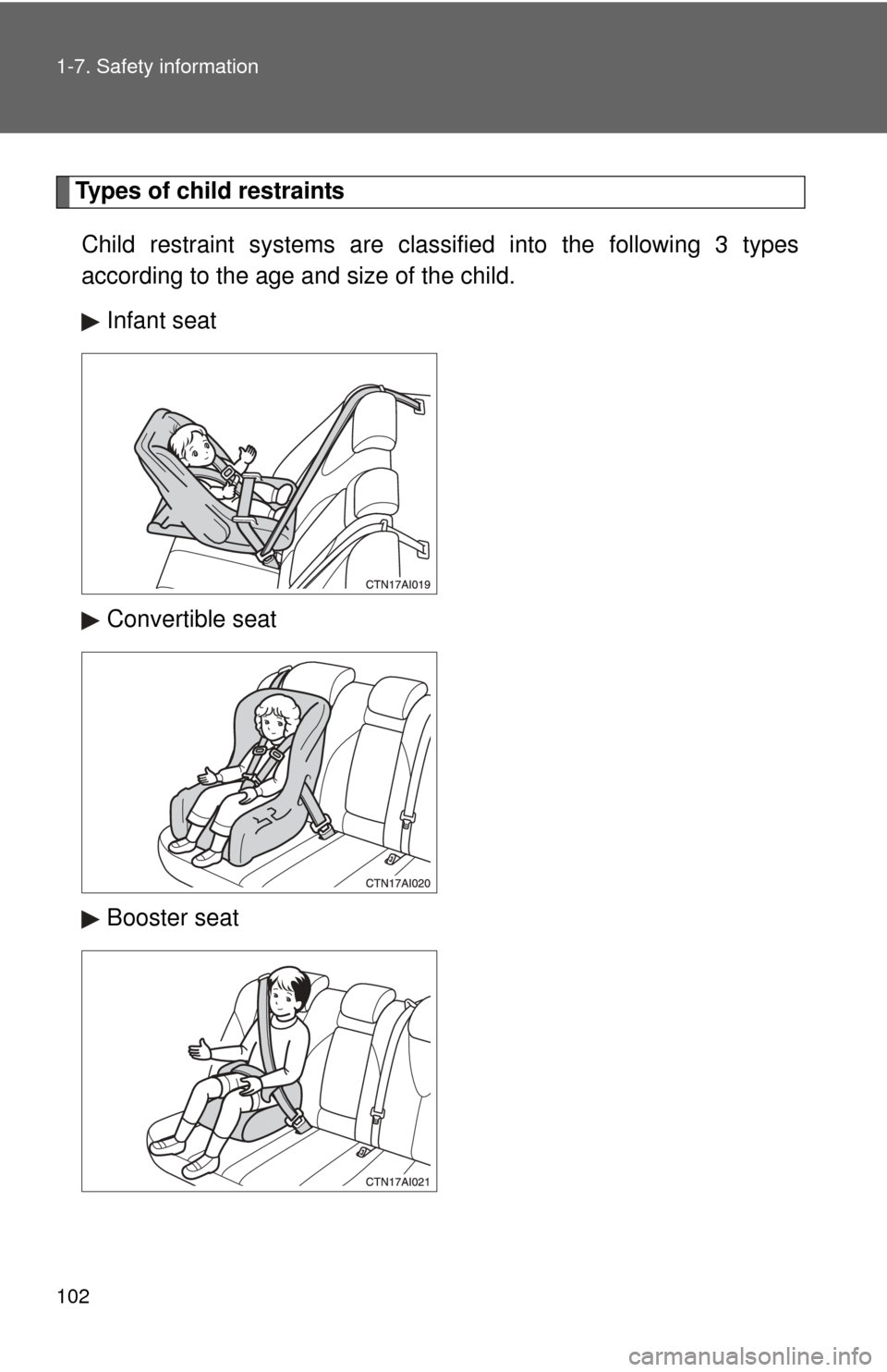TOYOTA CAMRY 2008 XV40 / 8.G Owners Manual 102 1-7. Safety information
Types of child restraintsChild restraint systems are clas sified into the following 3 types
according to the age and size of the child.
Infant seat
Convertible seat
Booster TOYOTA CAMRY 2008 XV40 / 8.G Owners Manual 102 1-7. Safety information
Types of child restraintsChild restraint systems are clas sified into the following 3 types
according to the age and size of the child.
Infant seat
Convertible seat
Booster