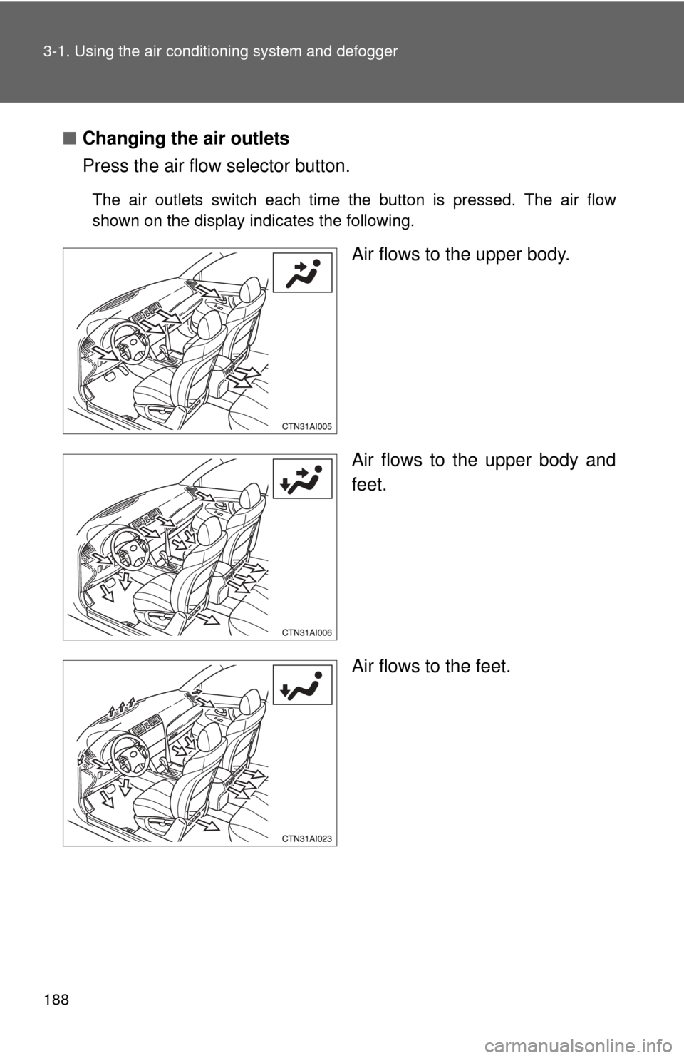TOYOTA CAMRY 2008 XV40 / 8.G Owners Manual 188 3-1. Using the air conditioning system and defogger
■Changing the air outlets
Press the air flow selector button.
The air outlets switch each time the button is pressed. The air flow
shown on th