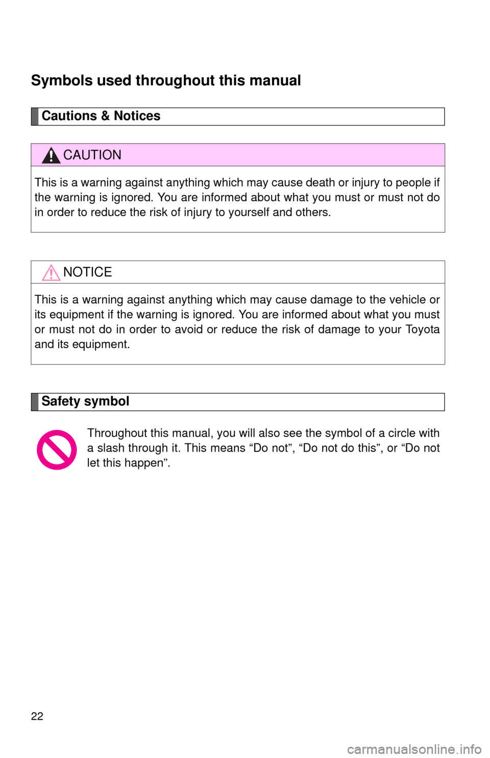 TOYOTA CAMRY 2008 XV40 / 8.G Owners Manual 22
Symbols used throughout this manual
Cautions & Notices 
Safety symbol
CAUTION
This is a warning against anything which may cause death or injury to people if
the warning is ignored. You are informe