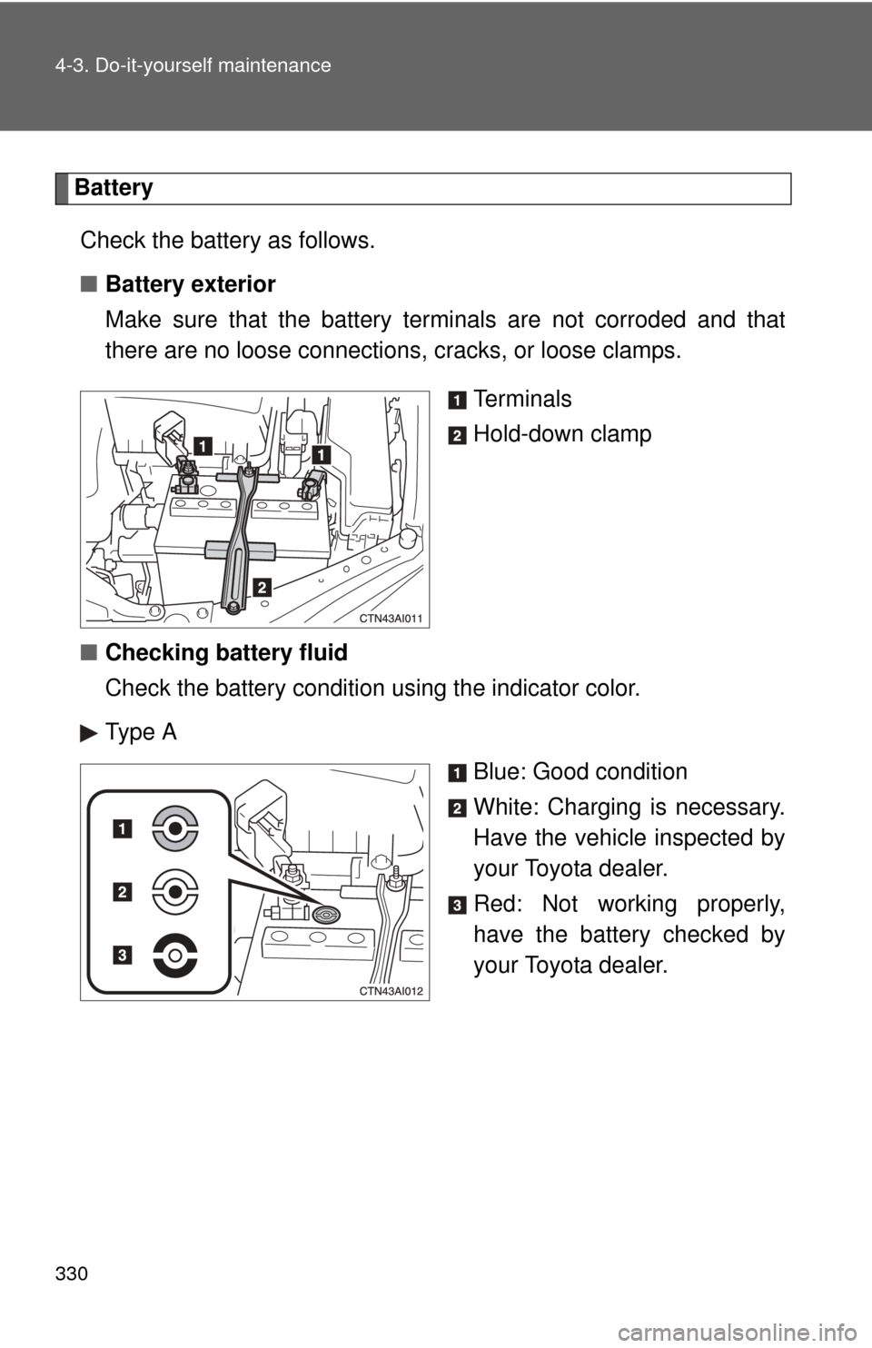 TOYOTA CAMRY 2008 XV40 / 8.G Owners Manual 330 4-3. Do-it-yourself maintenance
BatteryCheck the battery as follows.
■ Battery exterior
Make sure that the battery terminals are not corroded and that
there are no loose connections,  cracks, or