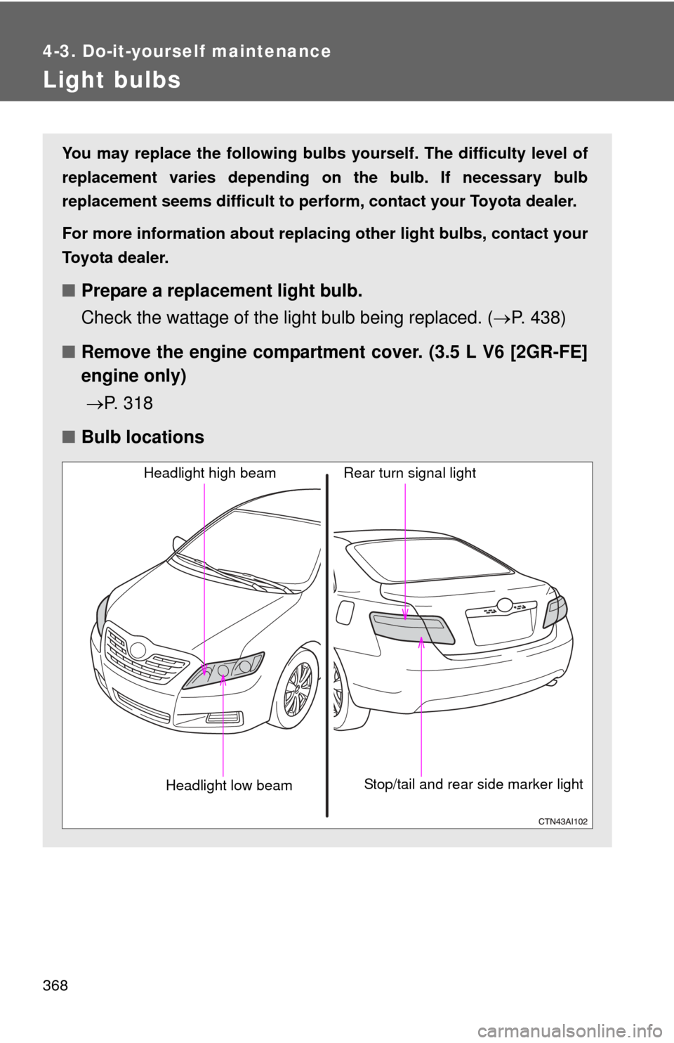 TOYOTA CAMRY 2008 XV40 / 8.G Owners Manual 368
4-3. Do-it-yourself maintenance
Light bulbs
You may replace the following bulbs yourself. The difficulty level of
replacement varies depending on the bulb. If necessary bulb
replacement seems diff TOYOTA CAMRY 2008 XV40 / 8.G Owners Manual 368
4-3. Do-it-yourself maintenance
Light bulbs
You may replace the following bulbs yourself. The difficulty level of
replacement varies depending on the bulb. If necessary bulb
replacement seems diff