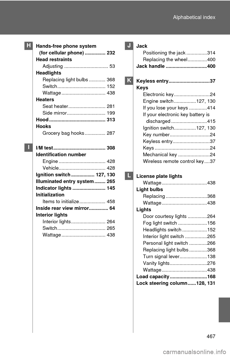 TOYOTA CAMRY 2008 XV40 / 8.G Owners Manual 467
Alphabetical index
Hands-free phone system 
(for cellular phone) ............... 232
Head restraints Adjusting ................................ 53
Headlights
Replacing light bulbs ............ 368