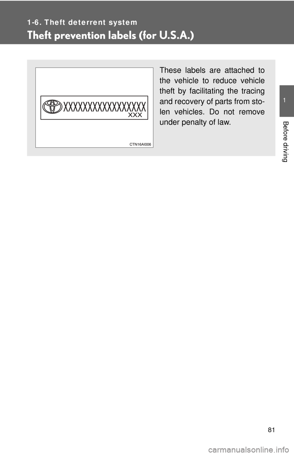 TOYOTA CAMRY 2008 XV40 / 8.G Manual Online 81
1
1-6. Theft deterrent system
Before driving
Theft prevention labels (for U.S.A.)
These labels are attached to
the vehicle to reduce vehicle
theft by facilitating the tracing
and recovery of parts TOYOTA CAMRY 2008 XV40 / 8.G Manual Online 81
1
1-6. Theft deterrent system
Before driving
Theft prevention labels (for U.S.A.)
These labels are attached to
the vehicle to reduce vehicle
theft by facilitating the tracing
and recovery of parts