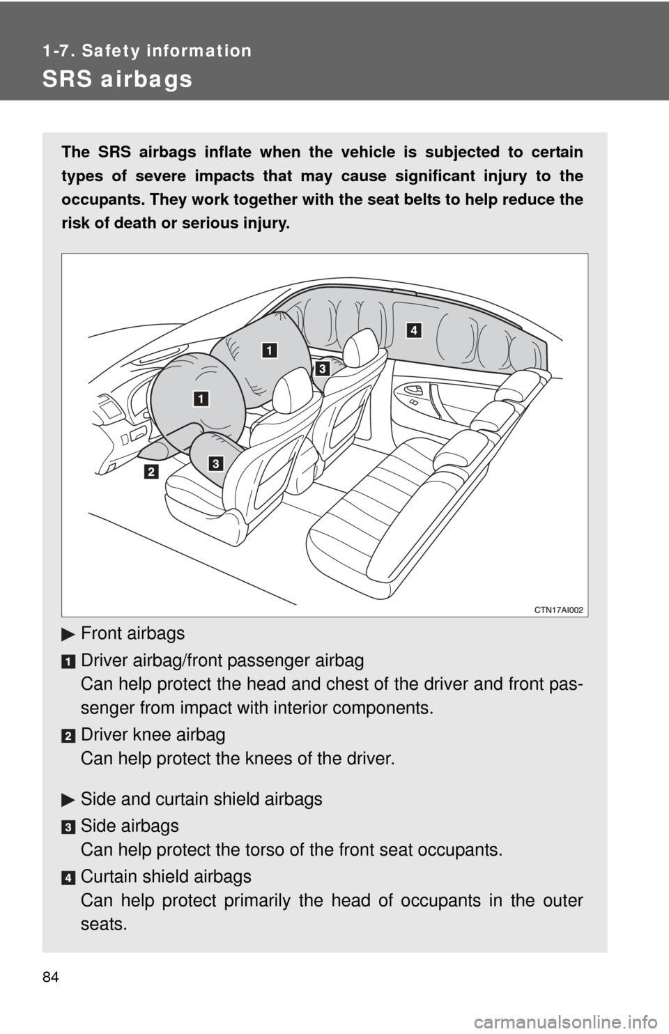 TOYOTA CAMRY 2008 XV40 / 8.G Manual Online 84
1-7. Safety information
SRS airbags
The SRS airbags inflate when the vehicle is subjected to certain
types of severe impacts that may cause significant injury to the
occupants. They work together TOYOTA CAMRY 2008 XV40 / 8.G Manual Online 84
1-7. Safety information
SRS airbags
The SRS airbags inflate when the vehicle is subjected to certain
types of severe impacts that may cause significant injury to the
occupants. They work together