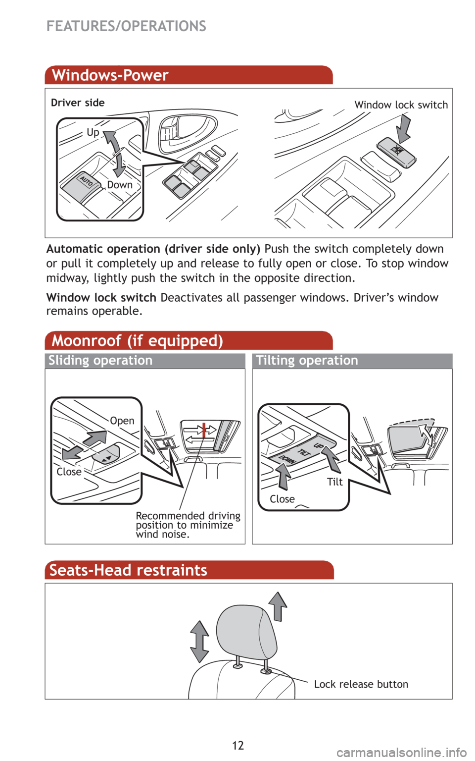 TOYOTA CAMRY 2008 XV40 / 8.G Quick Reference Guide 12
FEATURES/OPERATIONS
Moonroof (if equipped)
Sliding operationTilting operation
Open
Tilt
Close
Close
Recommended driving
position to minimize
wind noise.
Seats-Head restraints
Lock release button
Wi