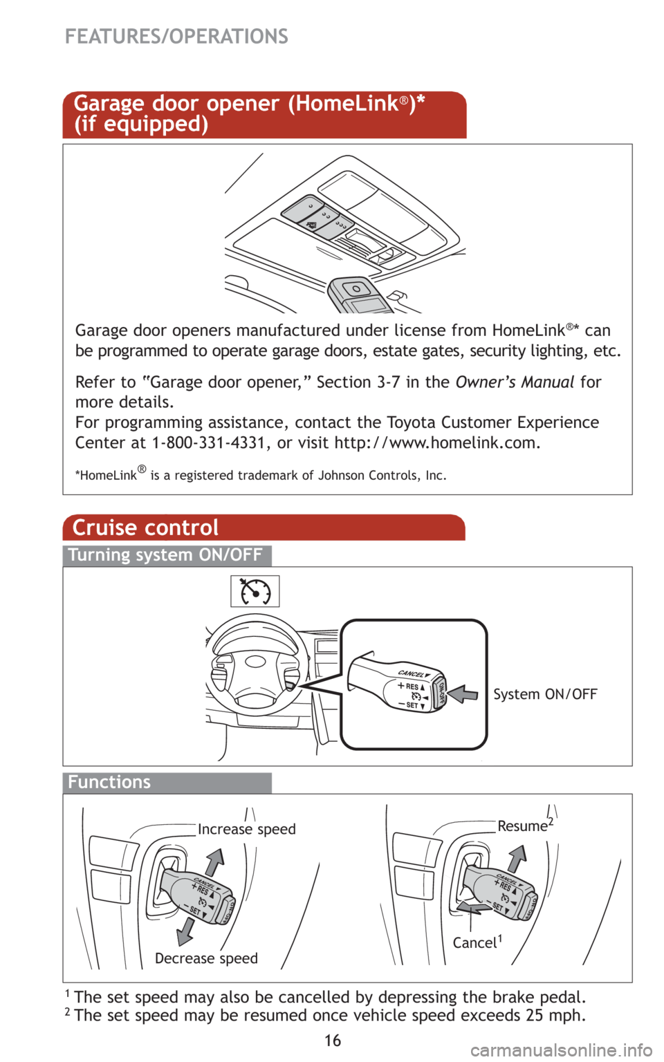 TOYOTA CAMRY 2008 XV40 / 8.G Quick Reference Guide 16
FEATURES/OPERATIONS
Cruise control
1 The set speed may also be cancelled by depressing the brake pedal.2 The set speed may be resumed once vehicle speed exceeds 25 mph.
Turning system ON/OFF
Functi TOYOTA CAMRY 2008 XV40 / 8.G Quick Reference Guide 16
FEATURES/OPERATIONS
Cruise control
1 The set speed may also be cancelled by depressing the brake pedal.2 The set speed may be resumed once vehicle speed exceeds 25 mph.
Turning system ON/OFF
Functi
