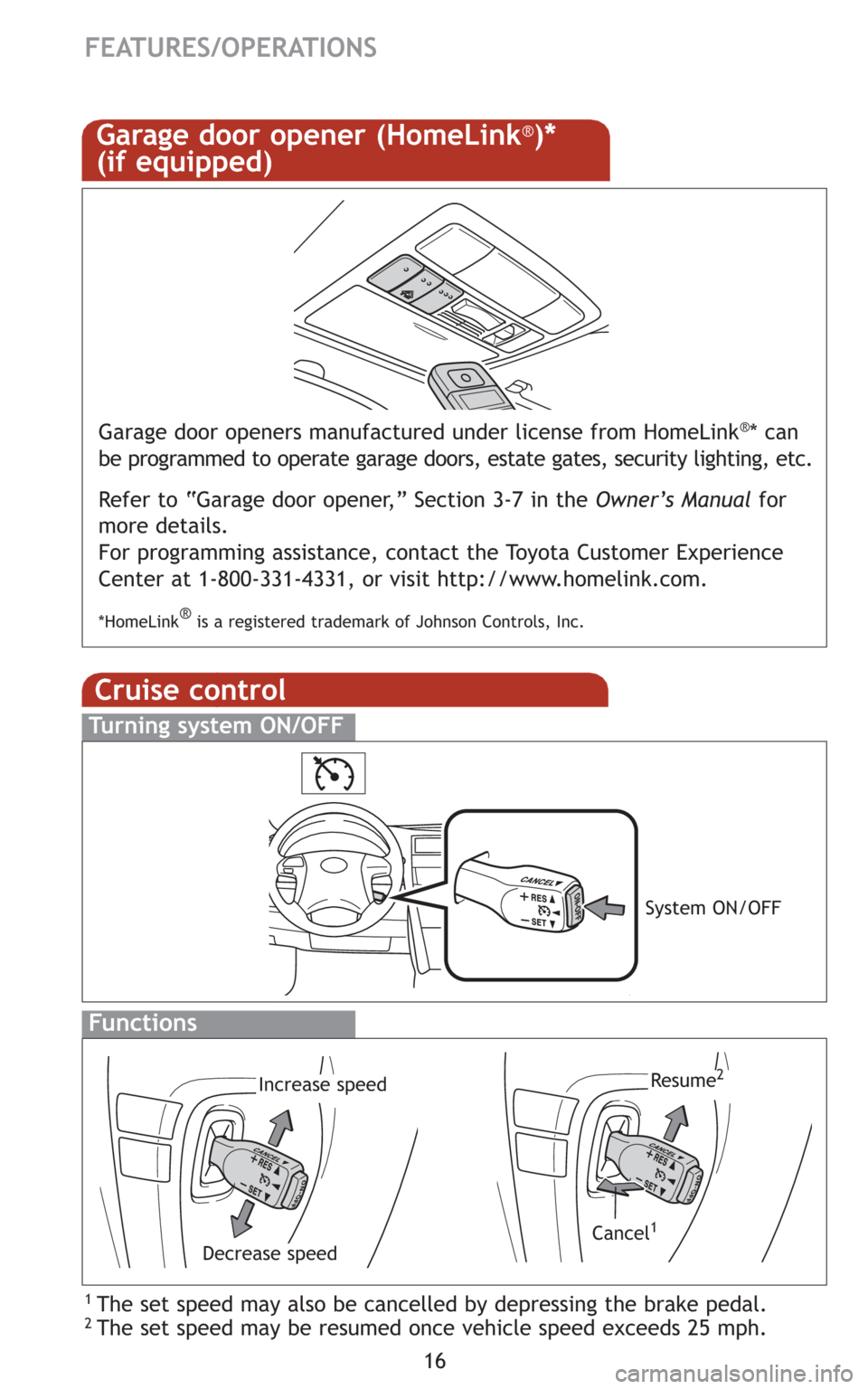 TOYOTA CAMRY 2008 XV40 / 8.G Quick Reference Guide 16
FEATURES/OPERATIONS
Cruise control
1 The set speed may also be cancelled by depressing the brake pedal.2 The set speed may be resumed once vehicle speed exceeds 25 mph.
Turning system ON/OFF
Functi