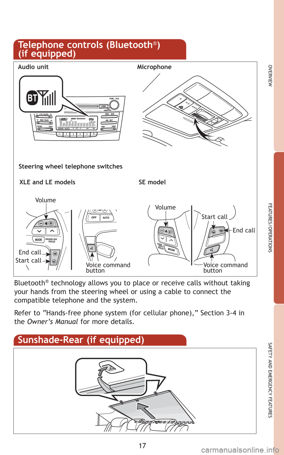 TOYOTA CAMRY 2008 XV40 / 8.G Quick Reference Guide 17
OVERVIEW
FEATURES/OPERATIONS
SAFETY AND EMERGENCY FEATURES
Bluetooth®technology allows you to place or receive calls without taking
your hands from the steering wheel or using a cable to connect t TOYOTA CAMRY 2008 XV40 / 8.G Quick Reference Guide 17
OVERVIEW
FEATURES/OPERATIONS
SAFETY AND EMERGENCY FEATURES
Bluetooth®technology allows you to place or receive calls without taking
your hands from the steering wheel or using a cable to connect t