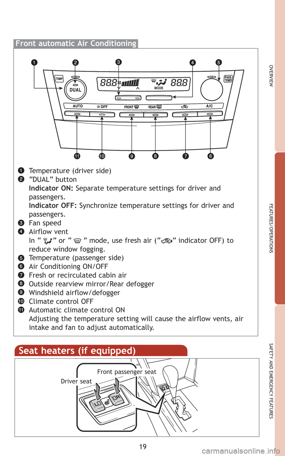 TOYOTA CAMRY 2008 XV40 / 8.G Quick Reference Guide 19
OVERVIEW
FEATURES/OPERATIONS
SAFETY AND EMERGENCY FEATURES
Front automatic Air Conditioning
Temperature (driver side)
“DUAL” button
Indicator ON:Separate temperature settings for driver and
pas TOYOTA CAMRY 2008 XV40 / 8.G Quick Reference Guide 19
OVERVIEW
FEATURES/OPERATIONS
SAFETY AND EMERGENCY FEATURES
Front automatic Air Conditioning
Temperature (driver side)
“DUAL” button
Indicator ON:Separate temperature settings for driver and
pas