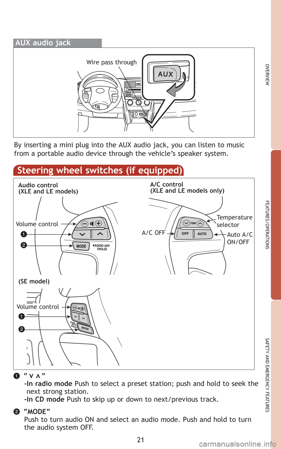 TOYOTA CAMRY 2008 XV40 / 8.G Quick Reference Guide 21
OVERVIEW
FEATURES/OPERATIONS
SAFETY AND EMERGENCY FEATURES
Steering wheel switches (if equipped)
Audio control
(XLE and LE models)A/C control
(XLE and LE models only)
“ ”
-In radio modeP TOYOTA CAMRY 2008 XV40 / 8.G Quick Reference Guide 21
OVERVIEW
FEATURES/OPERATIONS
SAFETY AND EMERGENCY FEATURES
Steering wheel switches (if equipped)
Audio control
(XLE and LE models)A/C control
(XLE and LE models only)
“ ”
-In radio modeP