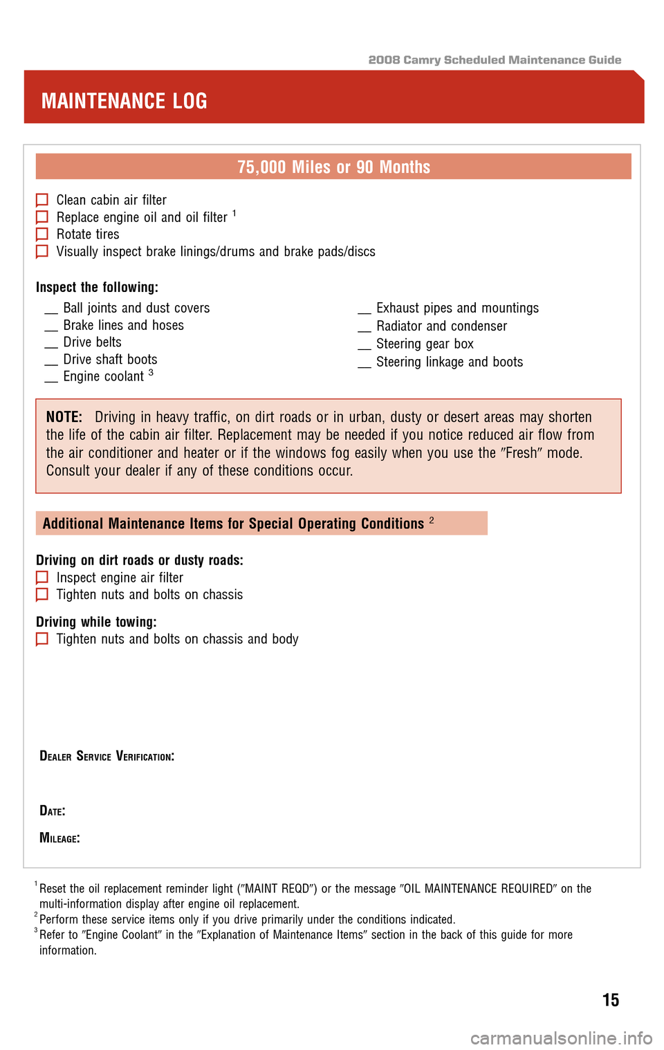TOYOTA CAMRY 2008 XV40 / 8.G Scheduled Maintenance Guide 2008 Camry Scheduled Maintenance Guide
75,000 Miles or 90 Months
Clean cabin air filterReplace engine oil and oil filter1
Rotate tiresVisually inspect brake linings/drums and brake pads/discs 
Inspect