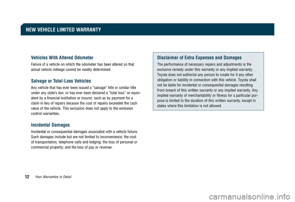 TOYOTA CAMRY 2008 XV40 / 8.G Warranty And Maintenance Guide Vehicles With Altered Odometer
Failure of a vehicle on which the odometer has been altered so that 
actual vehicle mileage cannot be readily determined.
Salvage or Total-Loss Vehicles
Any vehicle that