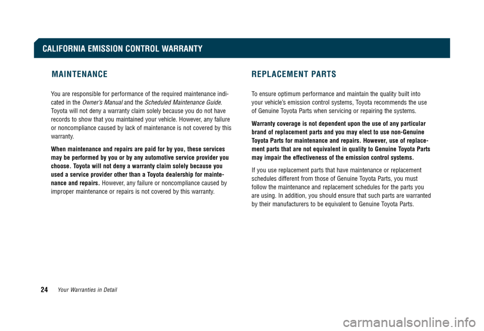 TOYOTA CAMRY 2008 XV40 / 8.G Warranty And Maintenance Guide MAINTENANCE REPLACEMENT PARTS
You are responsible for performance of the required maintenance indi- 
cated in the 
Owner’s Manualand the Scheduled Maintenance Guide.
Toyota will not deny a warranty 