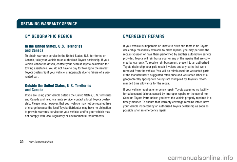 TOYOTA CAMRY 2008 XV40 / 8.G Warranty And Maintenance Guide BY GEOGRAPHIC REGION EMERGENCY REPAIRS
In the United States, U.S. Territories  
and Canada
To obtain warranty service in the United States, U.S. territories or 
Canada, take your vehicle to an authori