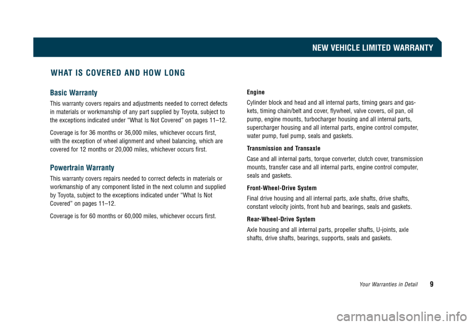 TOYOTA CAMRY 2008 XV40 / 8.G Warranty And Maintenance Guide Basic Warranty
This warranty covers repairs and adjustments needed to correct defects 
in materials or workmanship of any part supplied by Toyota, subject to
the exceptions indicated under “What Is 
