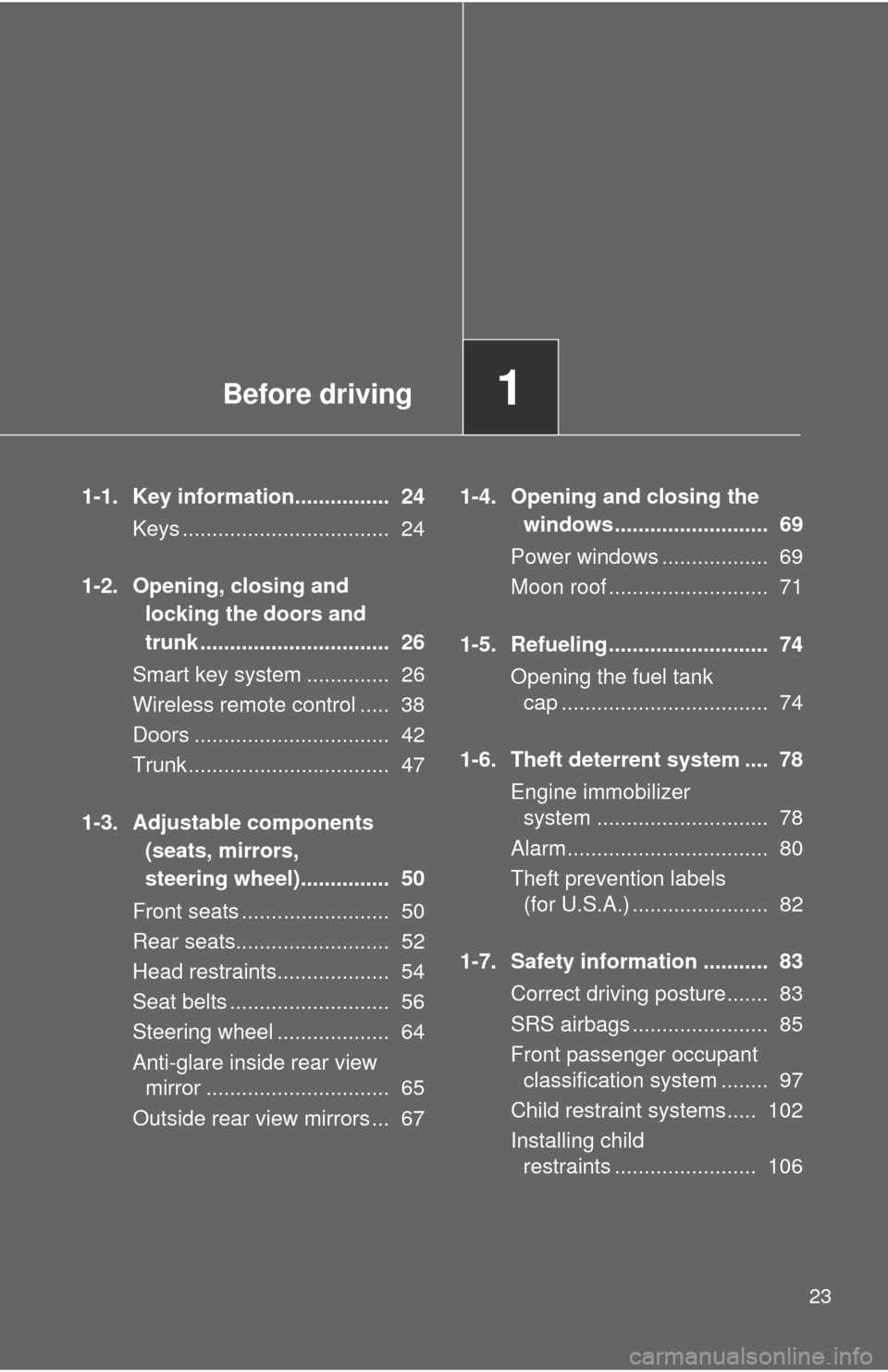 TOYOTA CAMRY 2009 XV40 / 8.G Owners Manual Before driving1
23
1-1. Key information................ 24Keys ................................... 24
1-2. Opening, closing and locking the doors and
trunk ................................ 26
Sma TOYOTA CAMRY 2009 XV40 / 8.G Owners Manual Before driving1
23
1-1. Key information................ 24Keys ................................... 24
1-2. Opening, closing and locking the doors and
trunk ................................ 26
Sma