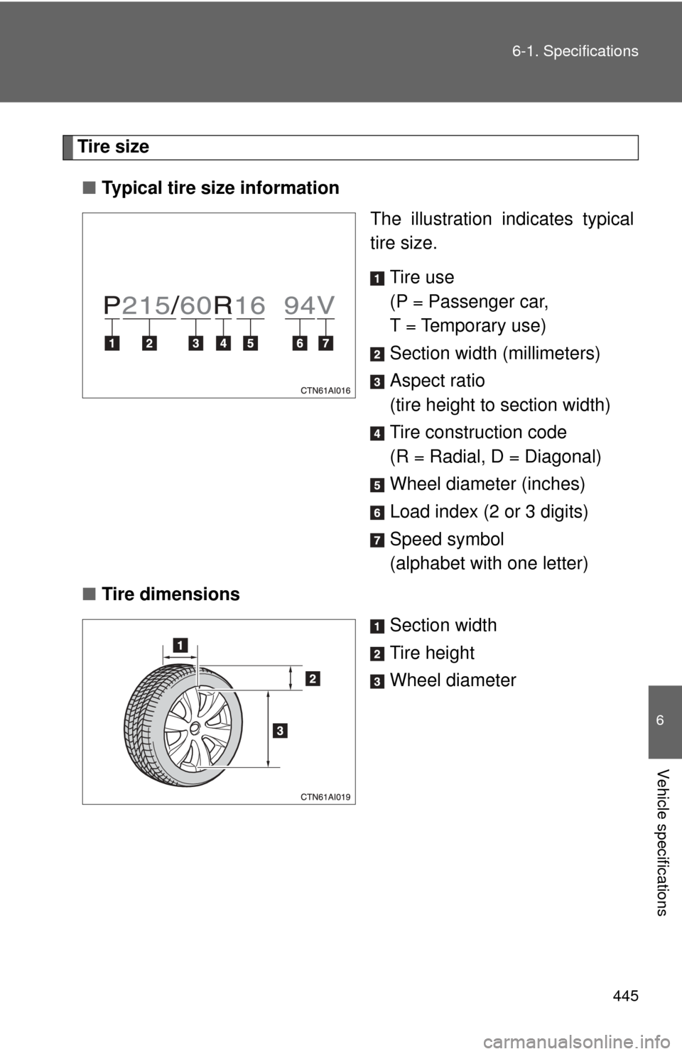 TOYOTA CAMRY 2009 XV40 / 8.G Owners Manual 445
6-1. Specifications
6
Vehicle specifications
Tire size
■ Typical tire size information
The illustration indicates typical
tire size.
Tire use
(P = Passenger car,
T = Temporary use)
Section widt TOYOTA CAMRY 2009 XV40 / 8.G Owners Manual 445
6-1. Specifications
6
Vehicle specifications
Tire size
■ Typical tire size information
The illustration indicates typical
tire size.
Tire use
(P = Passenger car,
T = Temporary use)
Section widt