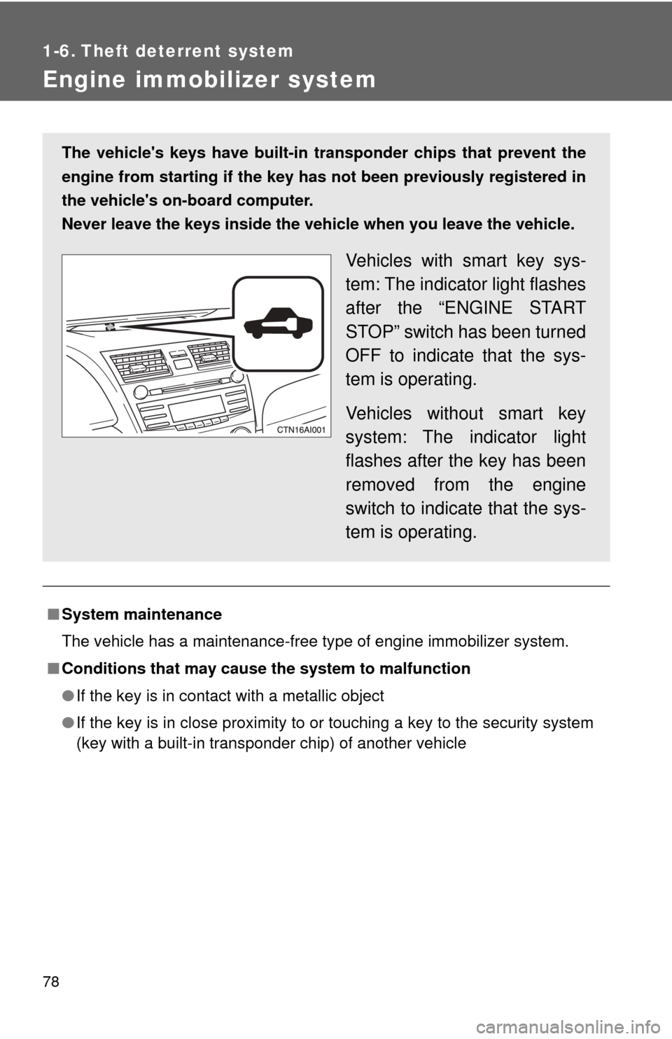 TOYOTA CAMRY 2009 XV40 / 8.G Manual PDF 78
1-6. Theft deterrent system
Engine immobilizer system
â– System maintenance
The vehicle has a maintenance-free type of engine immobilizer system.
â– Conditions that may cause the system to malfunc TOYOTA CAMRY 2009 XV40 / 8.G Manual PDF 78
1-6. Theft deterrent system
Engine immobilizer system
â– System maintenance
The vehicle has a maintenance-free type of engine immobilizer system.
â– Conditions that may cause the system to malfunc