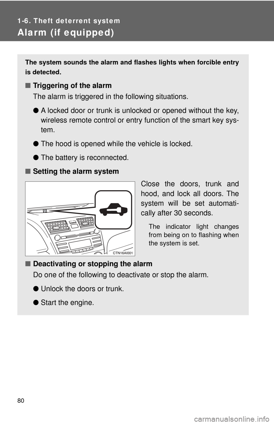 TOYOTA CAMRY 2009 XV40 / 8.G Owners Manual 80
1-6. Theft deterrent system
Alarm (if equipped)
The system sounds the alarm and flashes lights when forcible entry
is detected.
■ Triggering of the alarm
The alarm is triggered in the following s