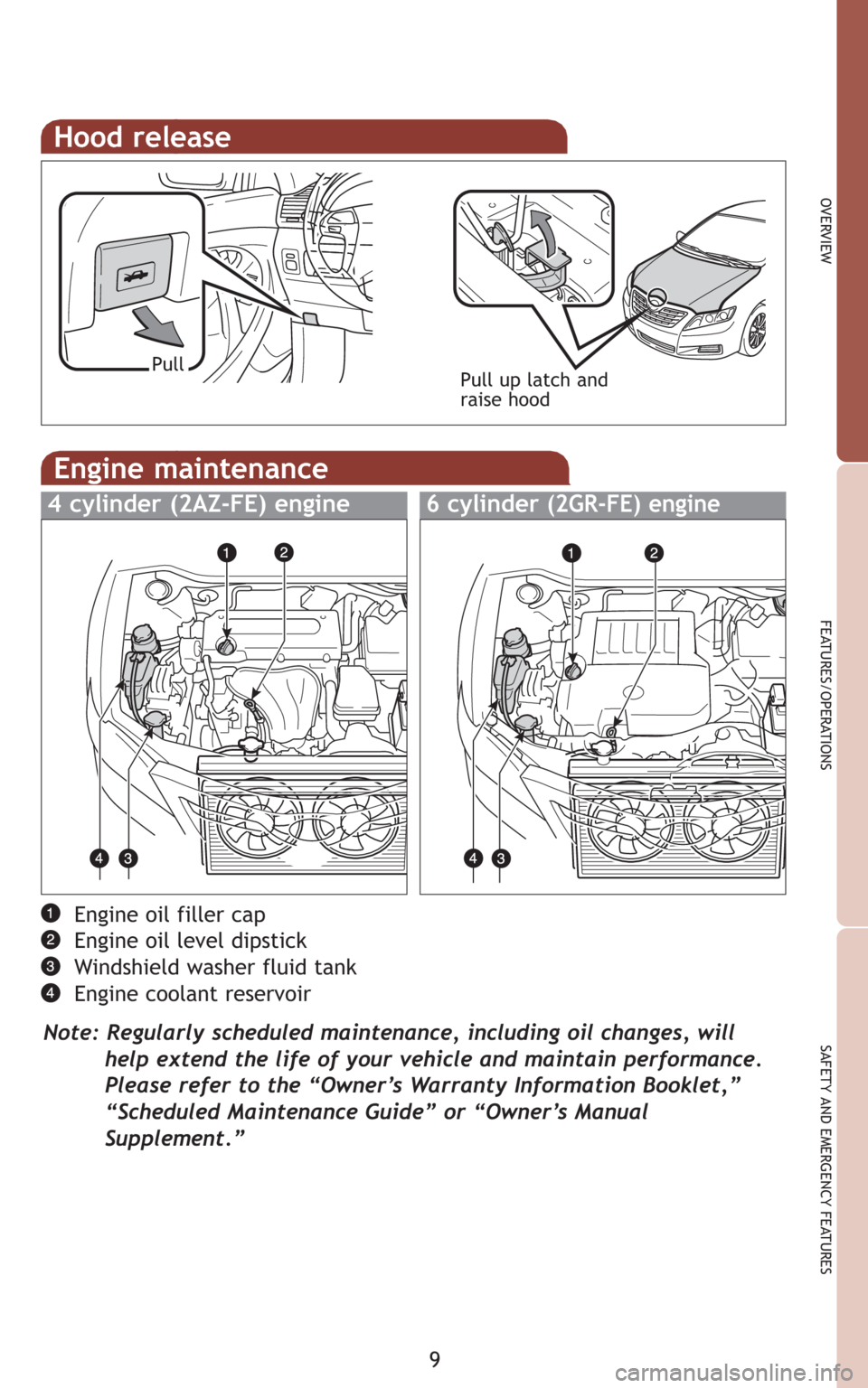 TOYOTA CAMRY 2009 XV40 / 8.G Quick Reference Guide 9
OVERVIEW
FEATURES/OPERATIONS
SAFETY AND EMERGENCY FEATURES
Hood release
Pull up latch and
raise hoodPull
Engine oil filler cap
Engine oil level dipstick
Windshield washer fluid tank
Engine coolant r