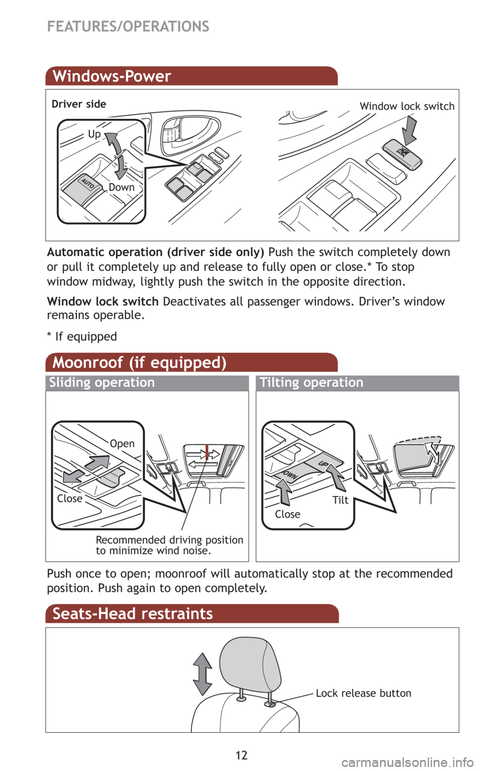 TOYOTA CAMRY 2009 XV40 / 8.G Quick Reference Guide 12
FEATURES/OPERATIONS
Moonroof (if equipped)
Sliding operationTilting operation
Open
Tilt
Close
Close
Recommended driving position
to minimize wind noise.
Seats-Head restraints
Lock release button
Wi