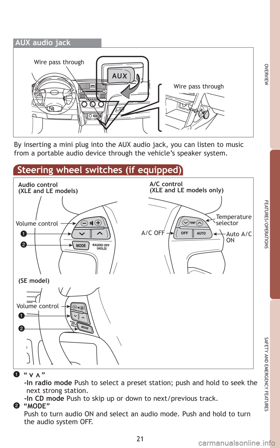 TOYOTA CAMRY 2009 XV40 / 8.G Quick Reference Guide 21
OVERVIEW
FEATURES/OPERATIONS
SAFETY AND EMERGENCY FEATURES
Steering wheel switches (if equipped)
Audio control
(XLE and LE models)A/C control
(XLE and LE models only)
“ ”
-In radio modeP TOYOTA CAMRY 2009 XV40 / 8.G Quick Reference Guide 21
OVERVIEW
FEATURES/OPERATIONS
SAFETY AND EMERGENCY FEATURES
Steering wheel switches (if equipped)
Audio control
(XLE and LE models)A/C control
(XLE and LE models only)
“ ”
-In radio modeP