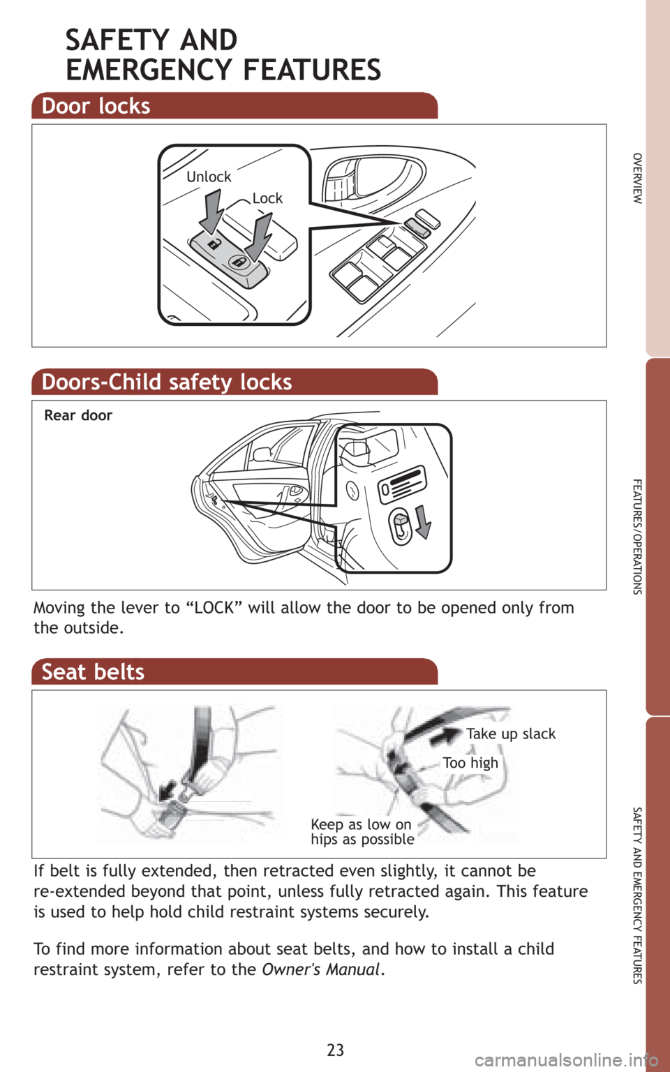 TOYOTA CAMRY 2009 XV40 / 8.G Quick Reference Guide 23
OVERVIEW
FEATURES/OPERATIONS
SAFETY AND EMERGENCY FEATURES
Door locks
Lock
Unlock
SAFETY AND
EMERGENCY FEATURES
Moving the lever to “LOCK” will allow the door to be opened only from
the outsid TOYOTA CAMRY 2009 XV40 / 8.G Quick Reference Guide 23
OVERVIEW
FEATURES/OPERATIONS
SAFETY AND EMERGENCY FEATURES
Door locks
Lock
Unlock
SAFETY AND
EMERGENCY FEATURES
Moving the lever to “LOCK” will allow the door to be opened only from
the outsid