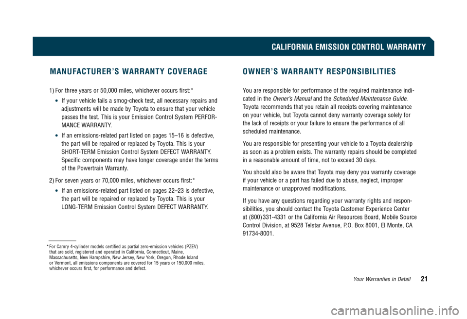 TOYOTA CAMRY 2009 XV40 / 8.G Warranty And Maintenance Guide WHAT IS NOT COVERED PARTS LIST: LONG-TERM EMISSION DEFECT WARRANTY
These warranty obligations do not apply to failures or noncompliance
caused by:
•The use of replacement parts not certified in acc TOYOTA CAMRY 2009 XV40 / 8.G Warranty And Maintenance Guide WHAT IS NOT COVERED PARTS LIST: LONG-TERM EMISSION DEFECT WARRANTY
These warranty obligations do not apply to failures or noncompliance
caused by:
•The use of replacement parts not certified in acc
