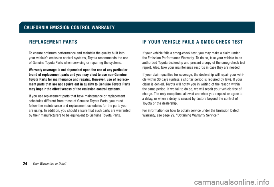 TOYOTA CAMRY 2009 XV40 / 8.G Warranty And Maintenance Guide If a Toyota dealership is unable to complete repairs on your vehicle
within 30 days, you may have the repairs made under Toyota’s
provisions for emergency warranty repairs. See page 29 for detail TOYOTA CAMRY 2009 XV40 / 8.G Warranty And Maintenance Guide If a Toyota dealership is unable to complete repairs on your vehicle
within 30 days, you may have the repairs made under Toyota’s
provisions for emergency warranty repairs. See page 29 for detail