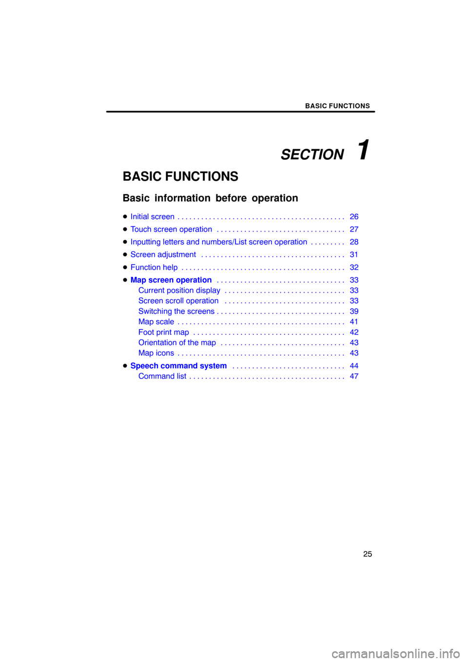 TOYOTA CAMRY 2010 XV40 / 8.G Navigation Manual SECTION   1
BASIC FUNCTIONS
25
BASIC FUNCTIONS
Basic information before operation
Initial screen 26 . . . . . . . . . . . . . . . . . . . . . . . . . . . . . . . . . . . . .\
 . . . . . . 
 Touch sc