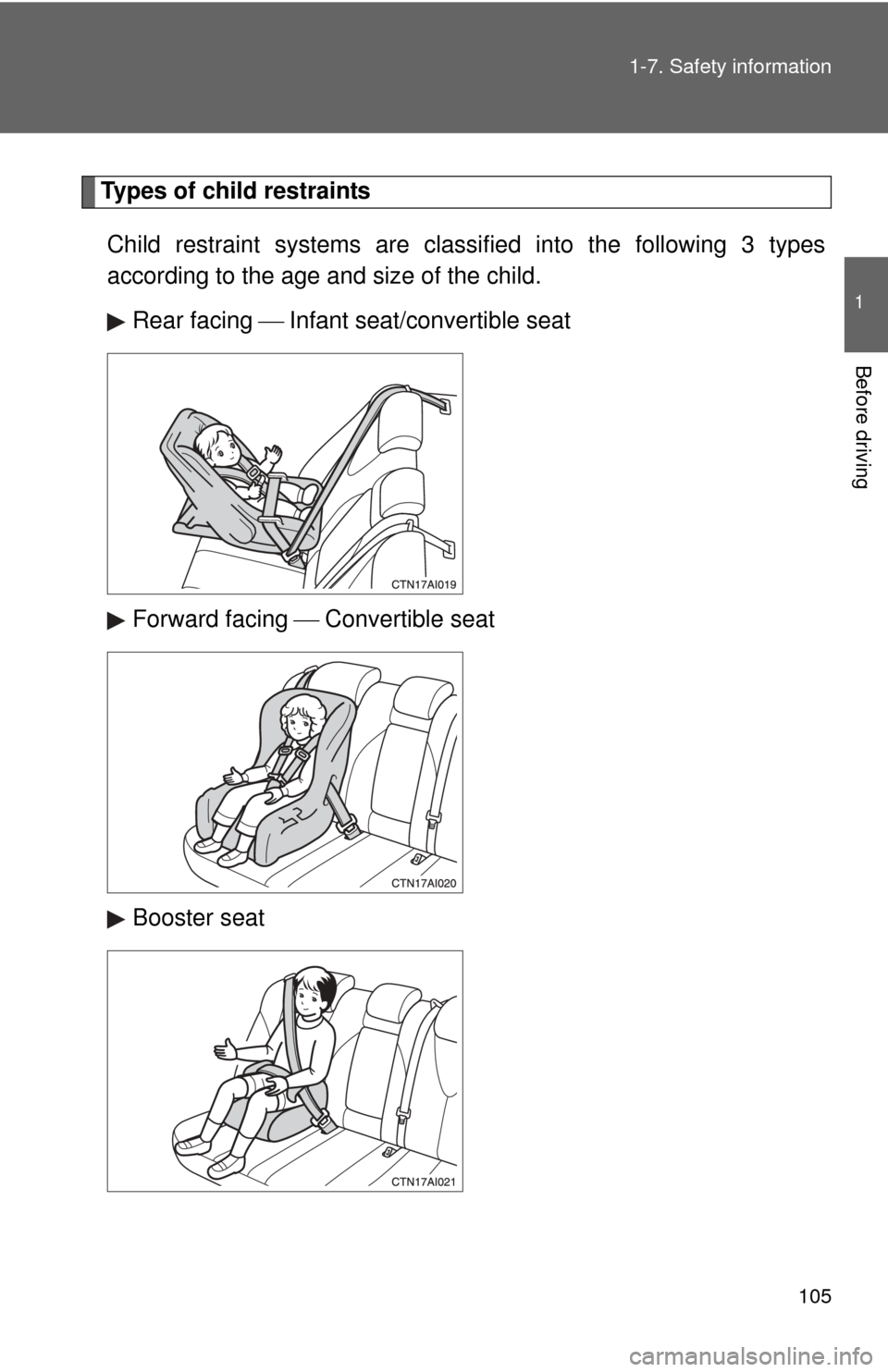 TOYOTA CAMRY 2010 XV40 / 8.G Owners Manual 105
1-7. Safety information
1
Before driving
Types of child restraints
Child restraint systems are classi fied into the following 3 types
according to the age and size of the child.
Rear facing I TOYOTA CAMRY 2010 XV40 / 8.G Owners Manual 105
1-7. Safety information
1
Before driving
Types of child restraints
Child restraint systems are classi fied into the following 3 types
according to the age and size of the child.
Rear facing I