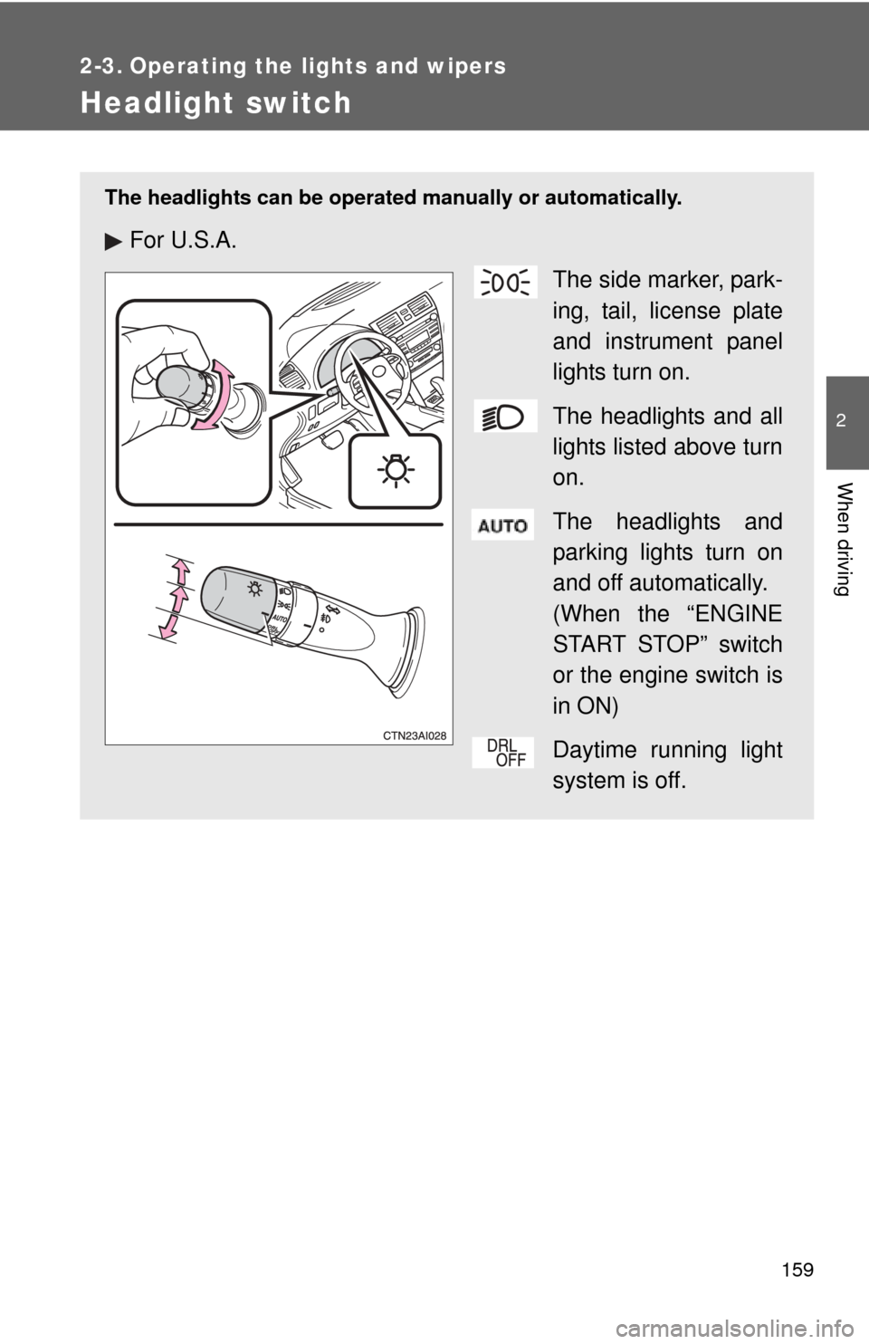 TOYOTA CAMRY 2010 XV40 / 8.G Owners Manual 159
2
When driving
2-3. Operating the lights and wipers
Headlight switch
The headlights can be operated manually or automatically.
For U.S.A.The side marker, park-
ing, tail, license plate
and instrum