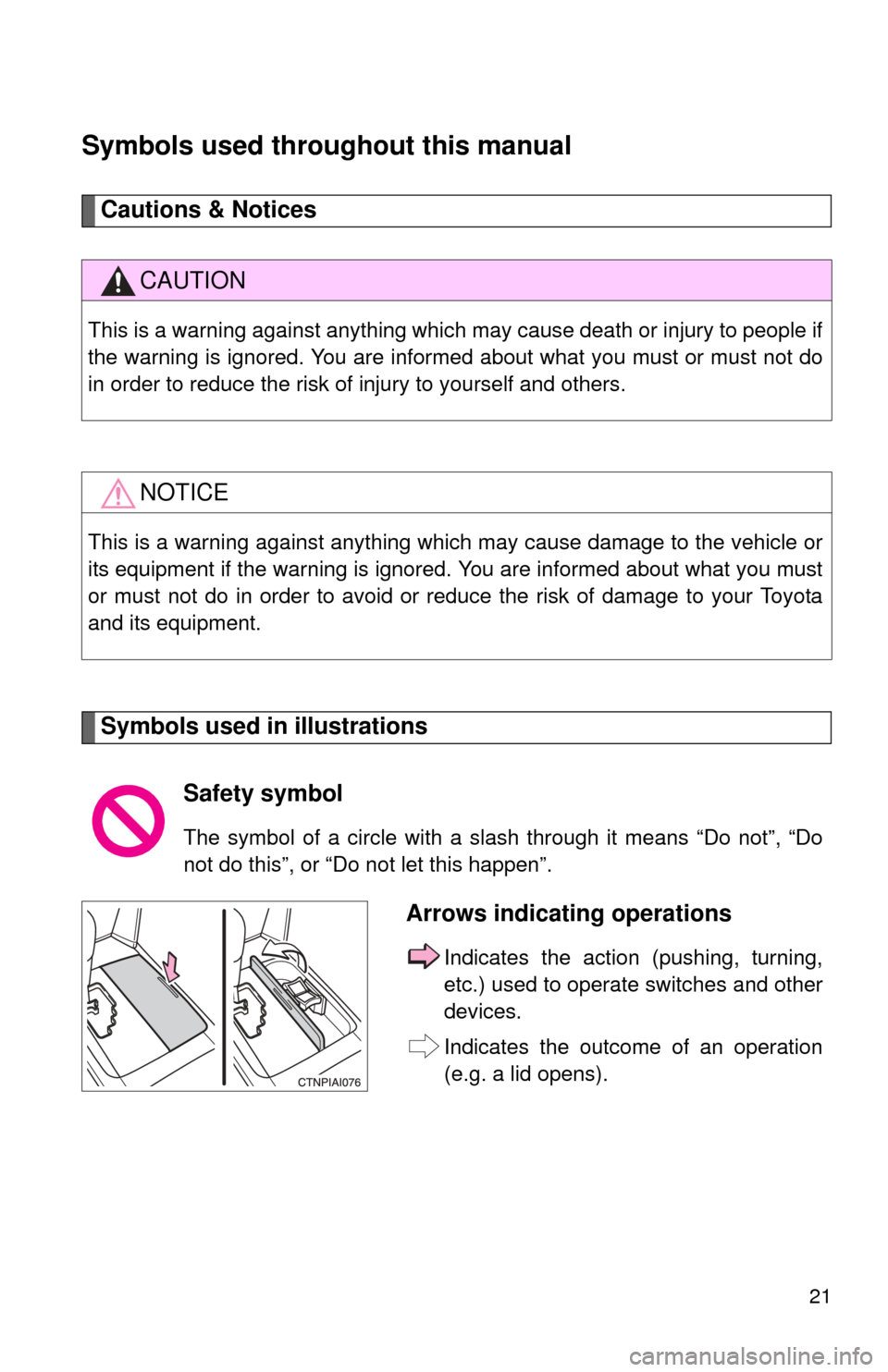 TOYOTA CAMRY 2010 XV40 / 8.G Owners Manual 21
Symbols used throughout this manual
Cautions & Notices 
Symbols used in illustrations
CAUTION
This is a warning against anything which may cause death or injury to people if
the warning is ignored.