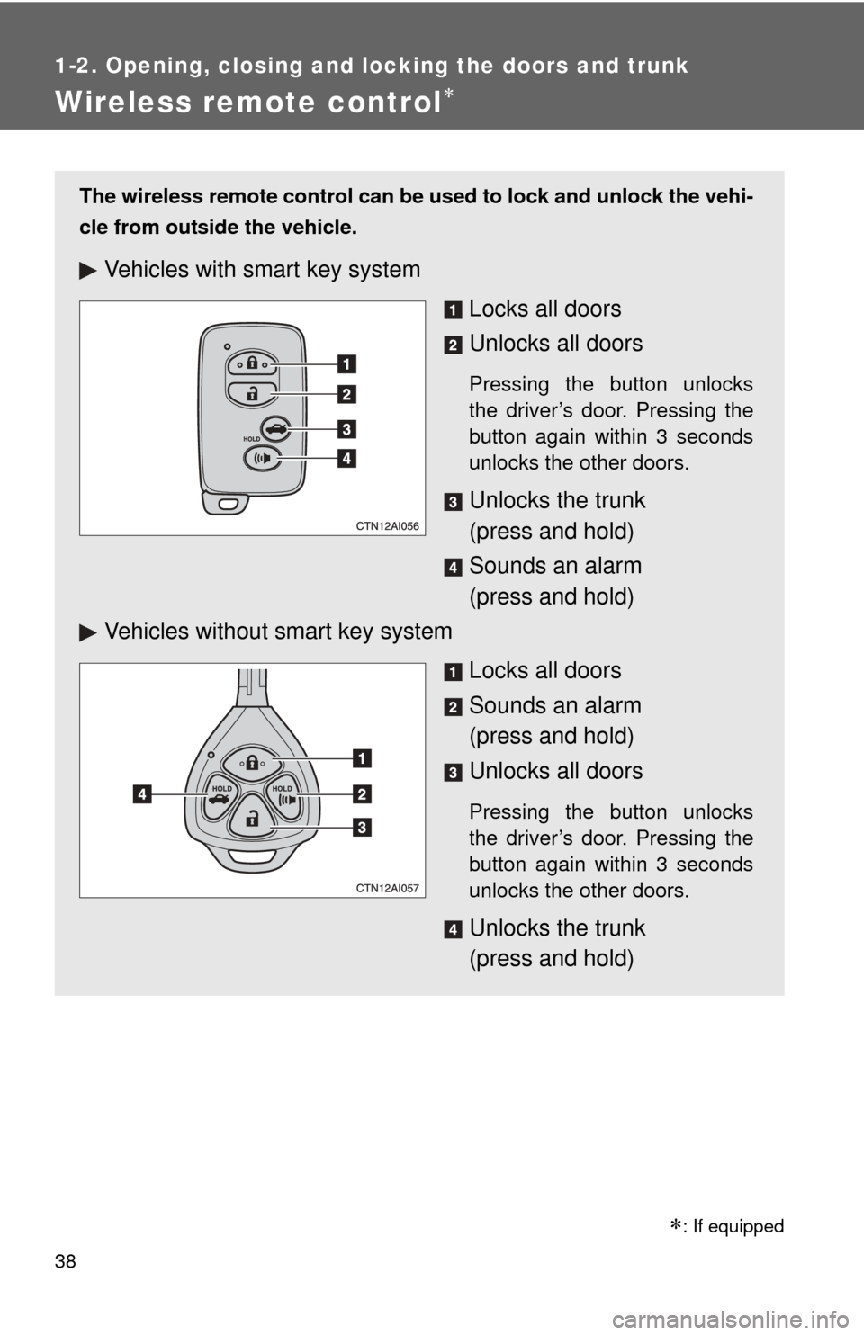 TOYOTA CAMRY 2010 XV40 / 8.G Owners Guide 38
1-2. Opening, closing and locking the doors and trunk
Wireless remote control
The wireless remote control can be used to lock and unlock the vehi-
cle from outside the vehicle.
Vehicles with sma TOYOTA CAMRY 2010 XV40 / 8.G Owners Guide 38
1-2. Opening, closing and locking the doors and trunk
Wireless remote control
The wireless remote control can be used to lock and unlock the vehi-
cle from outside the vehicle.
Vehicles with sma